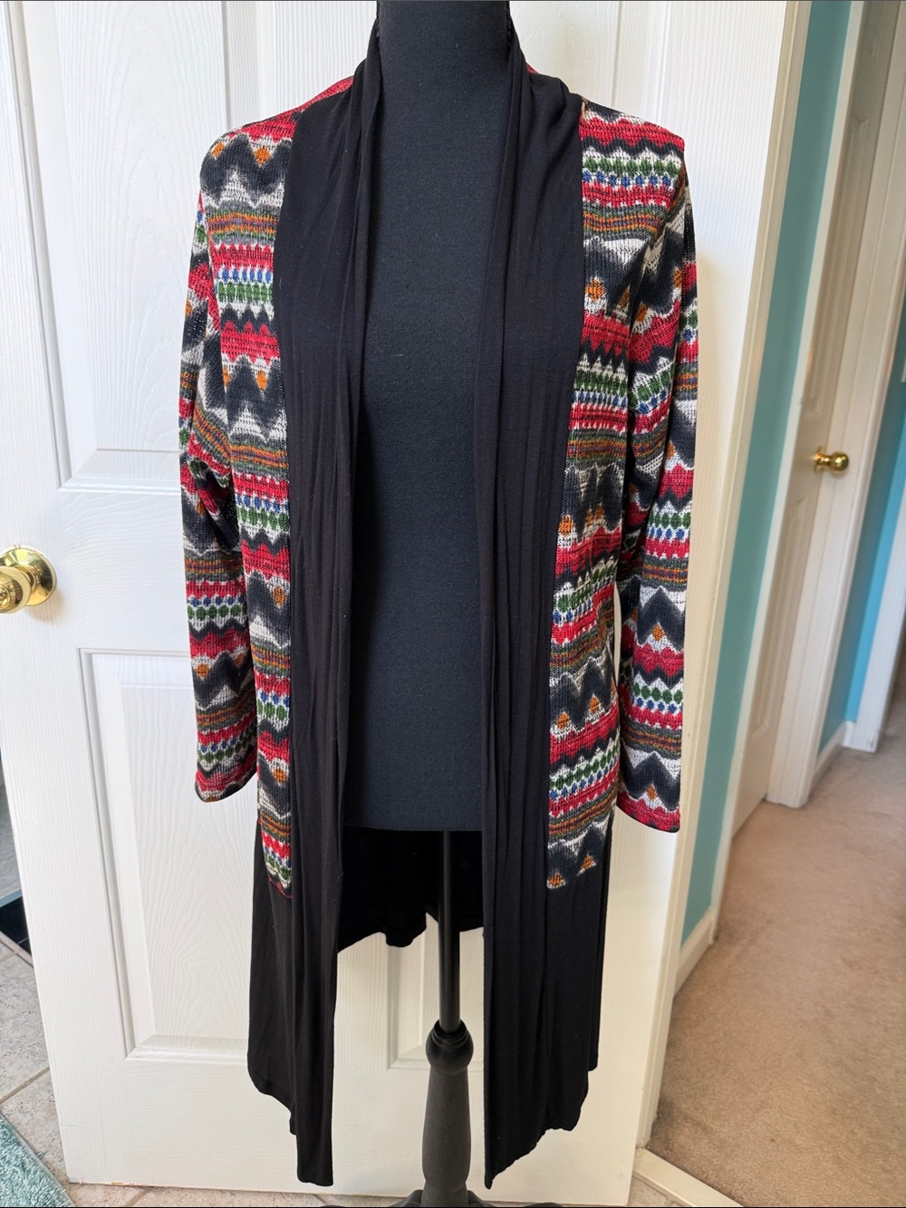 Curvy Lily Aztec Fair Isle Pattern Duster Cardigan Black Red NWOT
